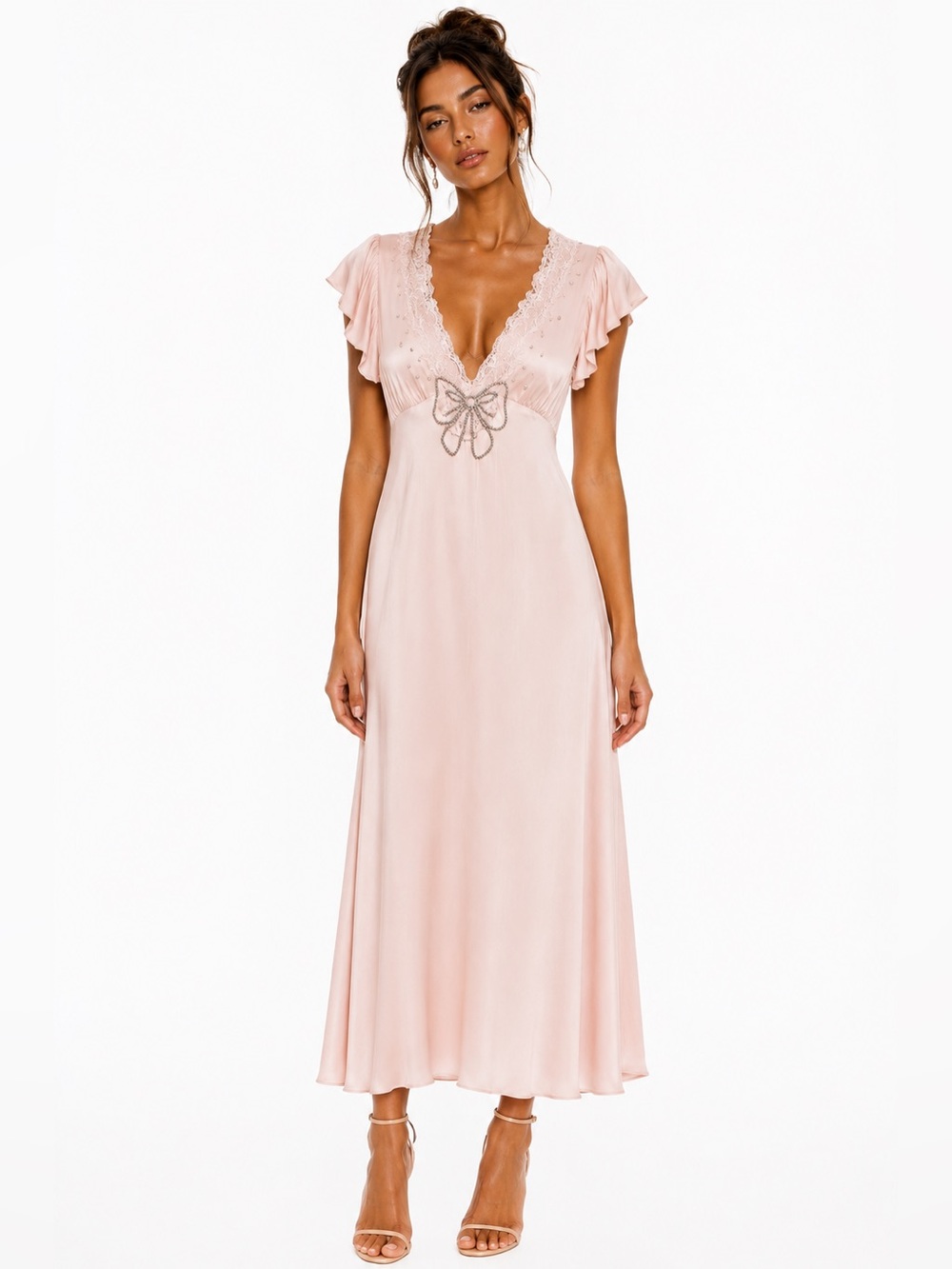 Free People Tied With Joy Blush Pink Beaded Lace Midi Dress Size M